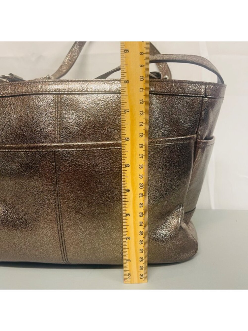 Coach Gallery F17721 Metallic Pewter Leather East West Tote Shoulder Bag Purse - Picture 14 of 16